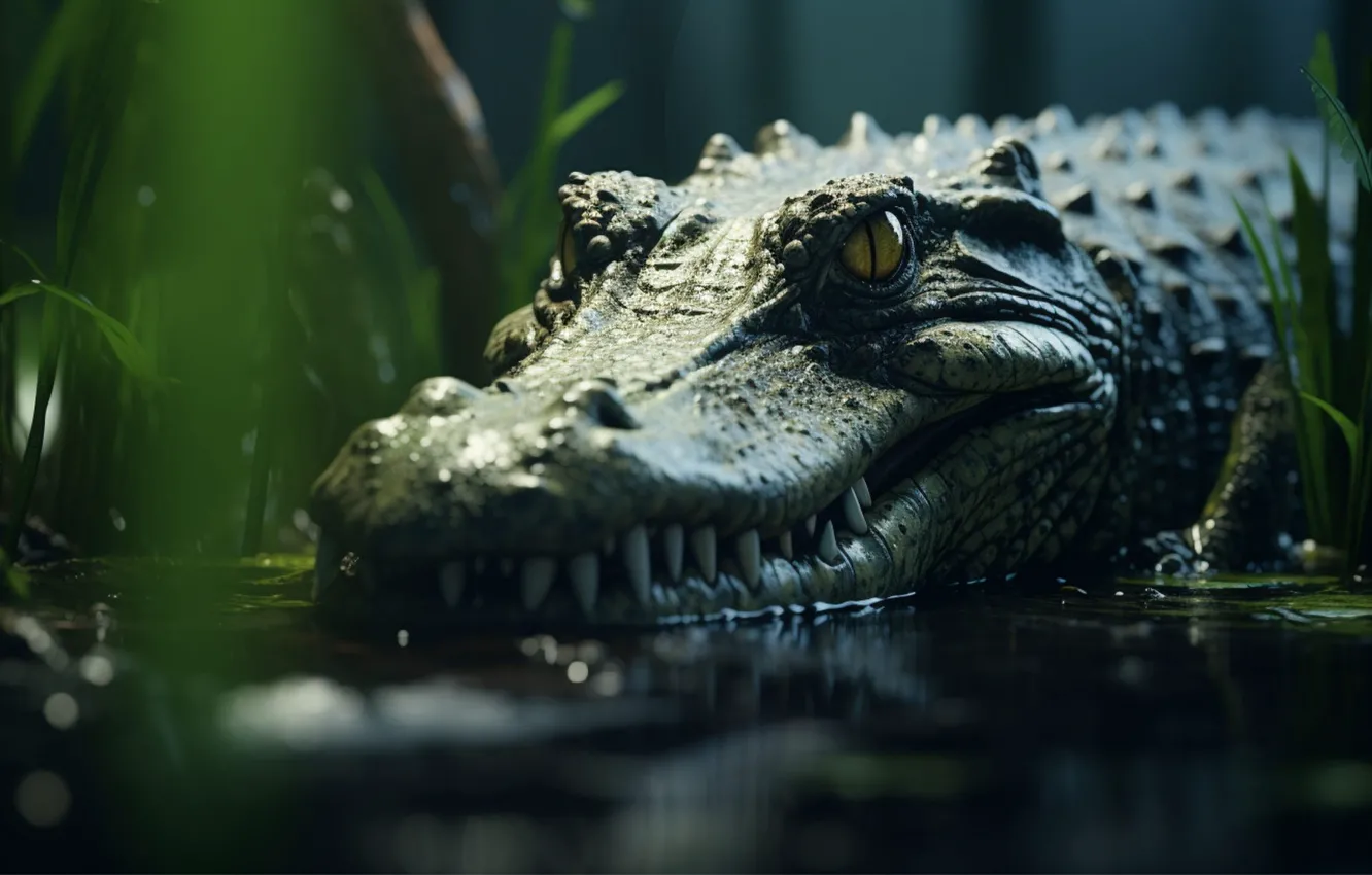 Photo wallpaper look, face, nature, crocodile, fangs, pond, AI art, neural network