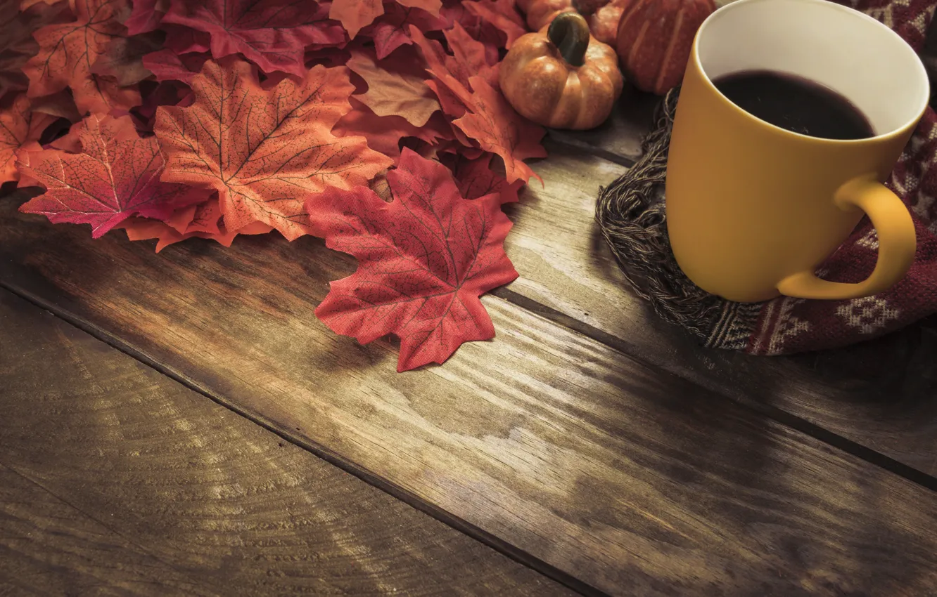 Photo wallpaper autumn, leaves, background, tree, coffee, colorful, scarf, Cup
