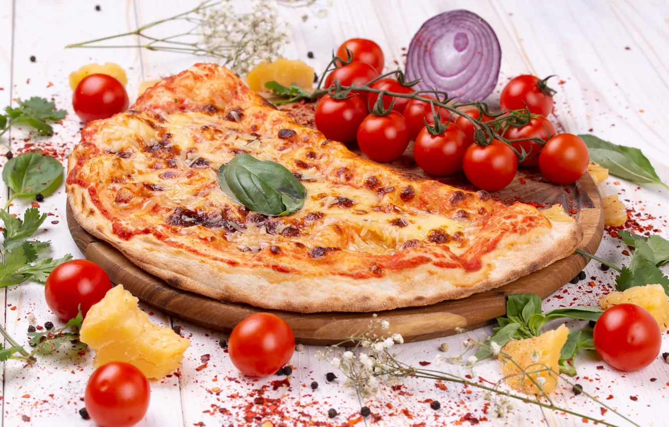 Photo wallpaper cheese, pizza, tomatoes, Basil