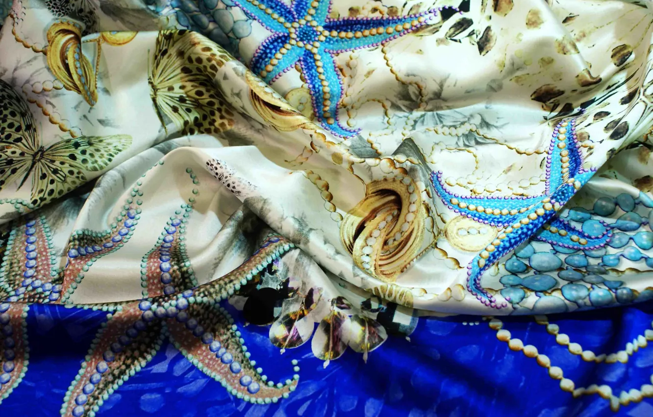 Photo wallpaper butterfly, color, silk, fabric, pearl, shawl, folds, textiles