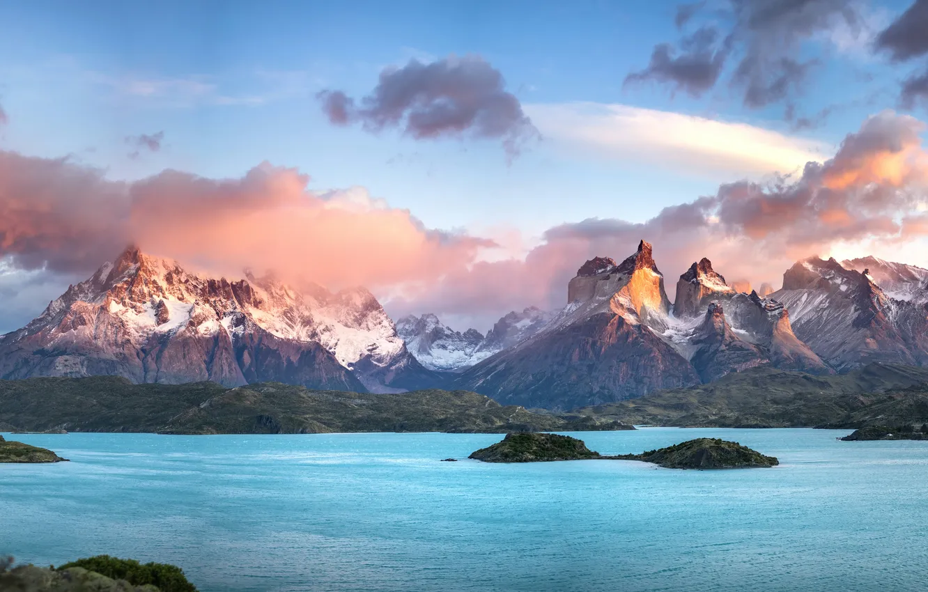 Photo wallpaper nature, beauty, nature, panorama, mountains, sunny day, cloudy sky, Torres del Paine National Park