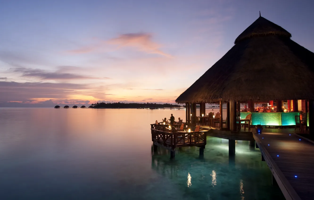 Photo wallpaper the ocean, the evening, restaurant, resort, sunset, grill, Maldives, restaurant
