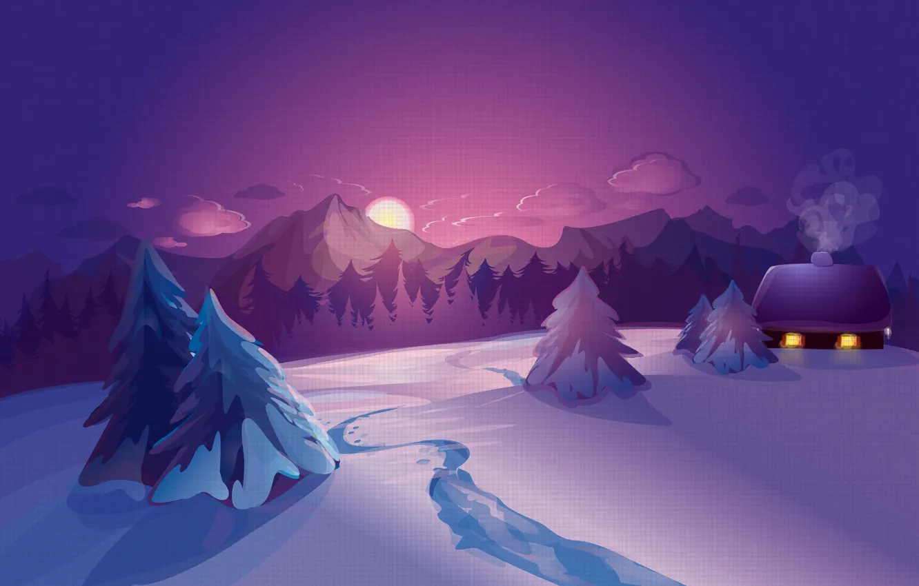 Photo wallpaper Nature, Winter, Snow, Spruce, Landscape, Sunrises and sunsets, Vector graphics