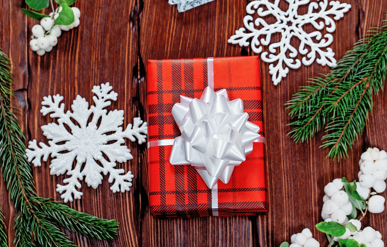 Photo wallpaper snowflakes, branches, gift, new year, needles