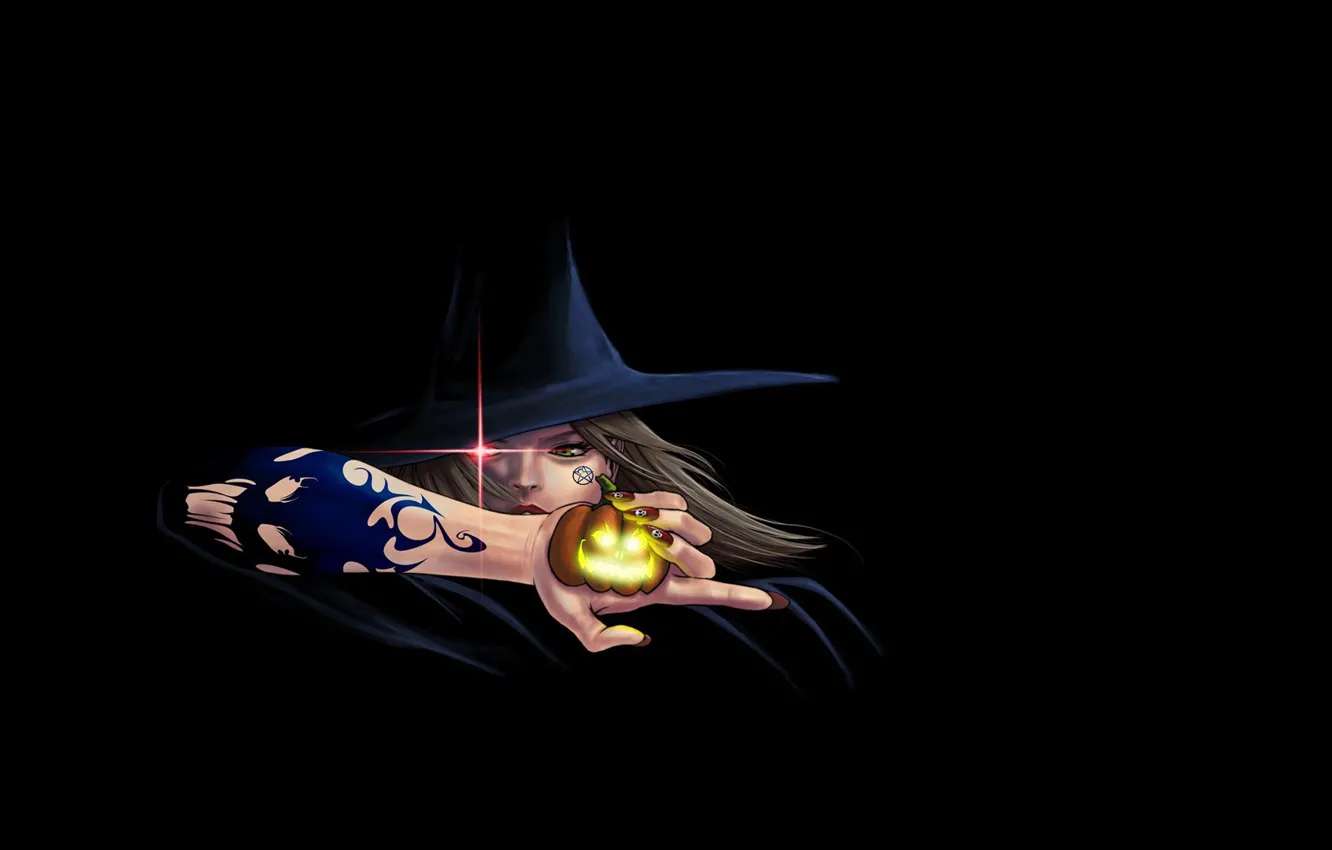 Photo wallpaper witch, spell, witchcraft, Jack, witch, in the dark, witch hat, burning eyes