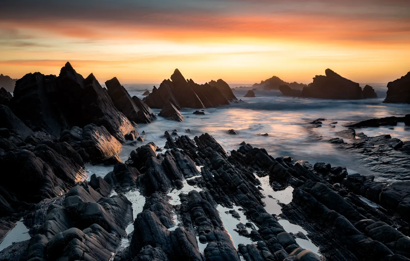 Photo wallpaper sea, sunset, rocks