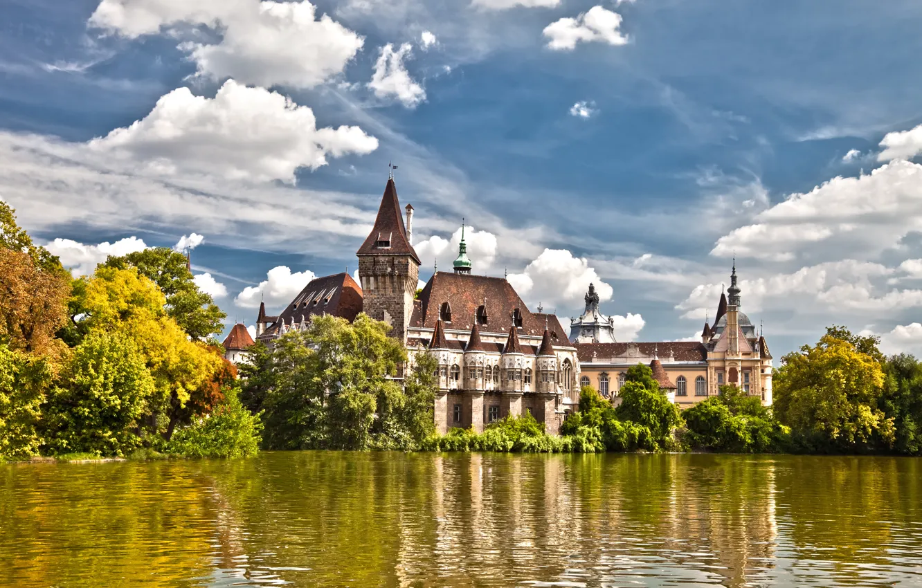 Photo wallpaper the sky, castle, pond, Hungary