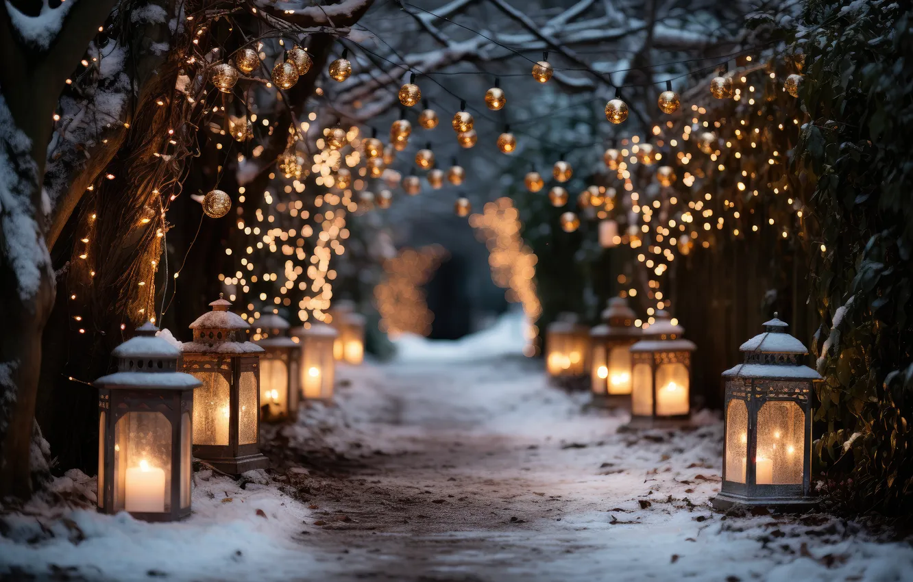 Photo wallpaper winter, snow, night, new year, Christmas, lights, Christmas, night