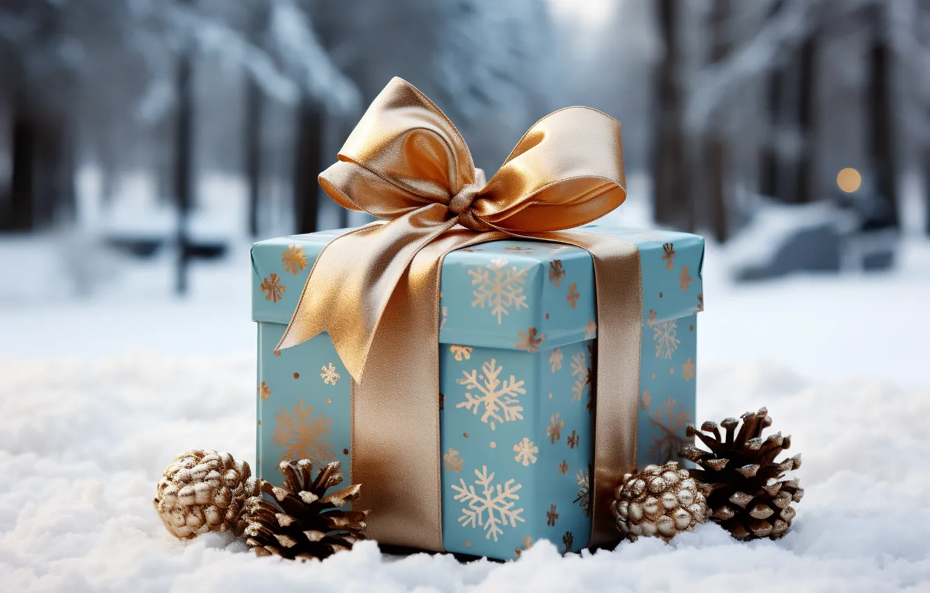 Photo wallpaper winter, snow, decoration, snowflakes, gift, new year, Christmas, golden