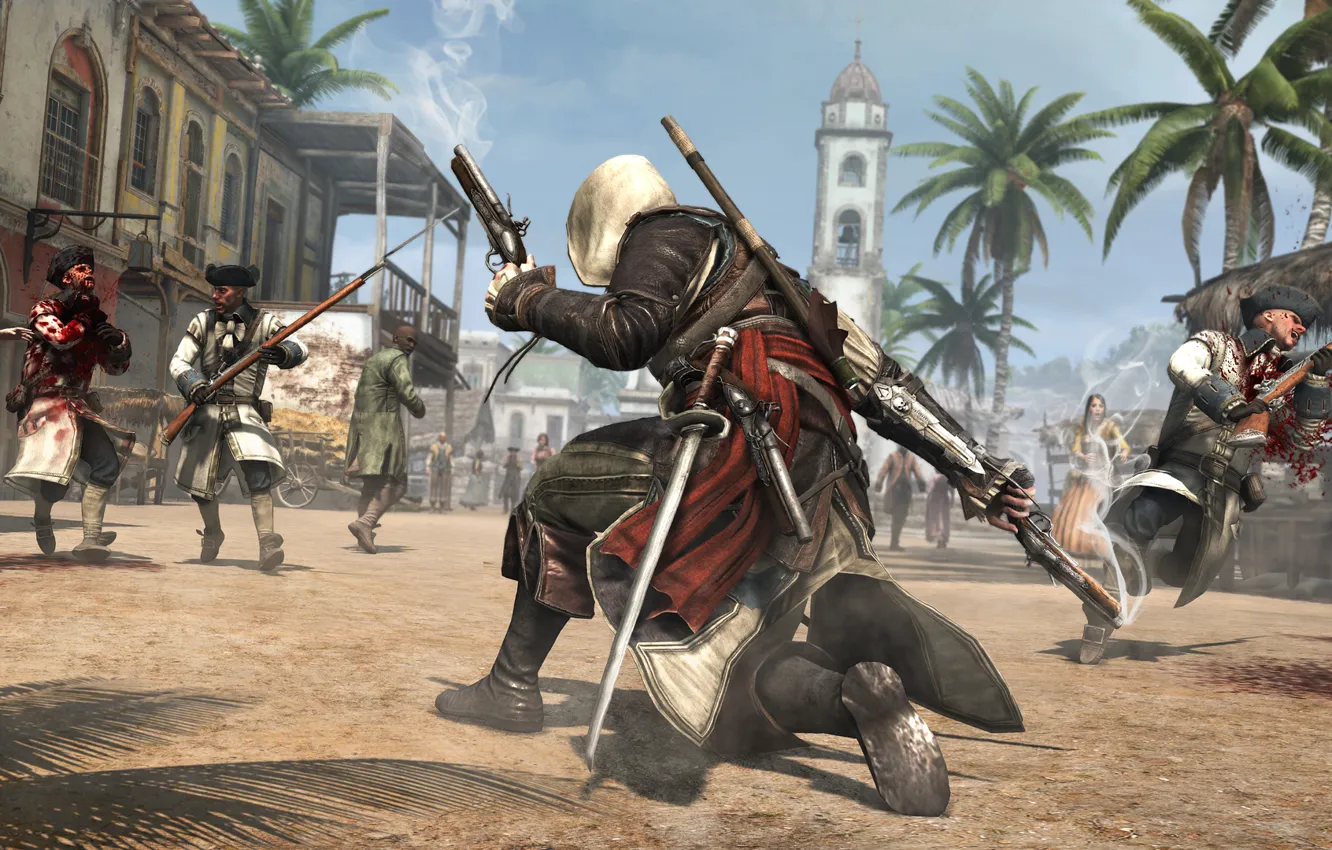 Photo wallpaper trees, the city, pirate, Assassins Creed, assassin, guards, Edward Kenway, Assassin's Creed IV: Black Flag