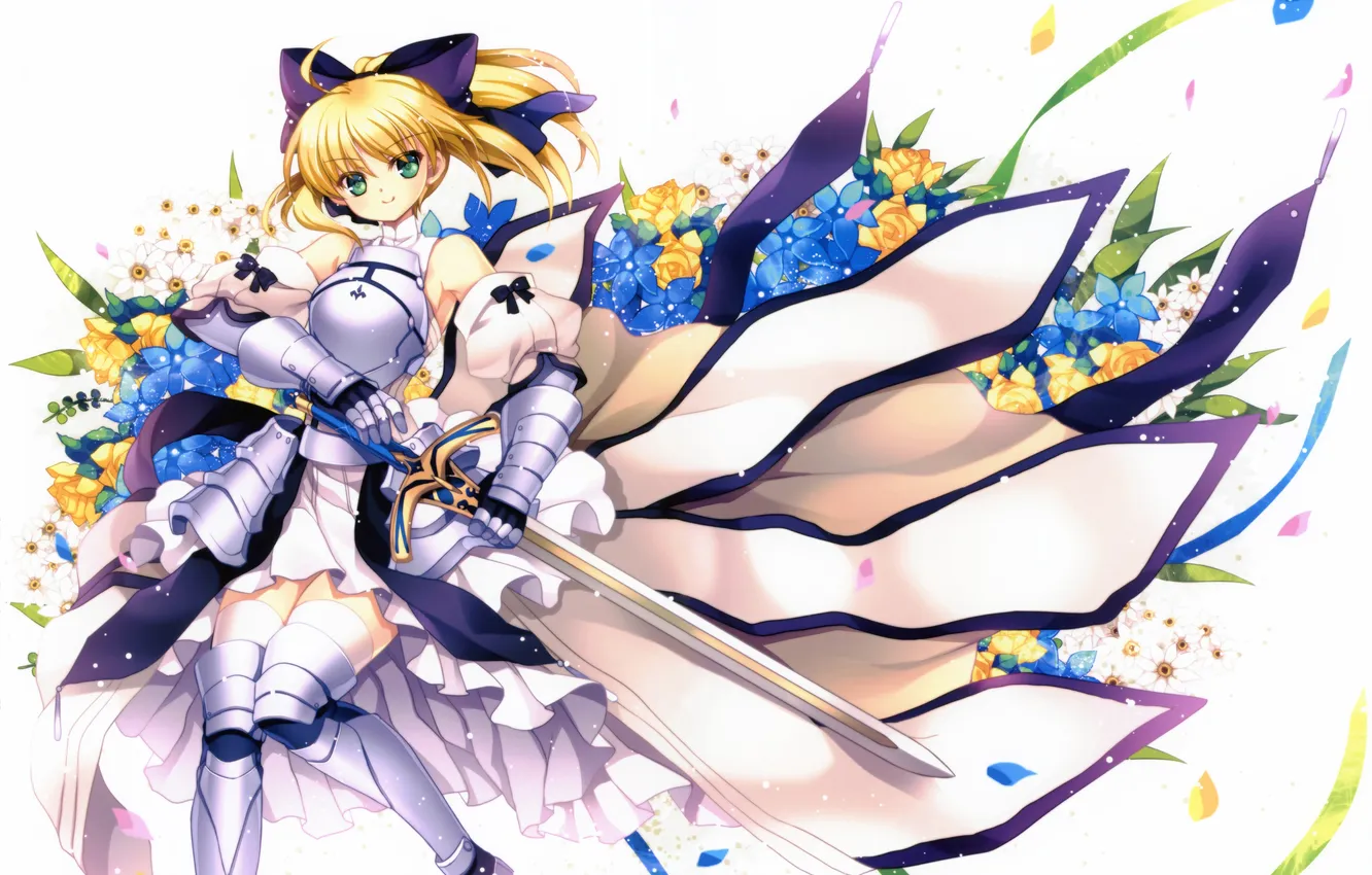 Photo wallpaper look, girl, flowers, smile, sword, armor, Fate/Stay Night, art