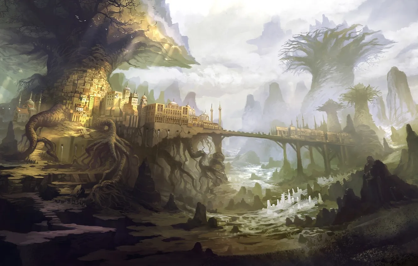 Photo wallpaper water, trees, bridge, the city, roots, river, art, fantasy world