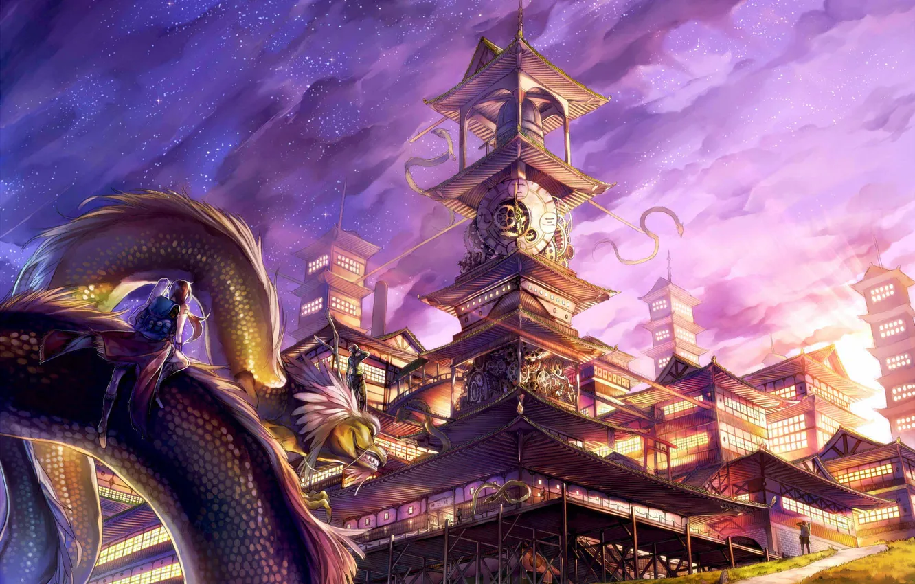 Photo wallpaper the city, dragon, fantasy, art, rby, shikihara mitabi