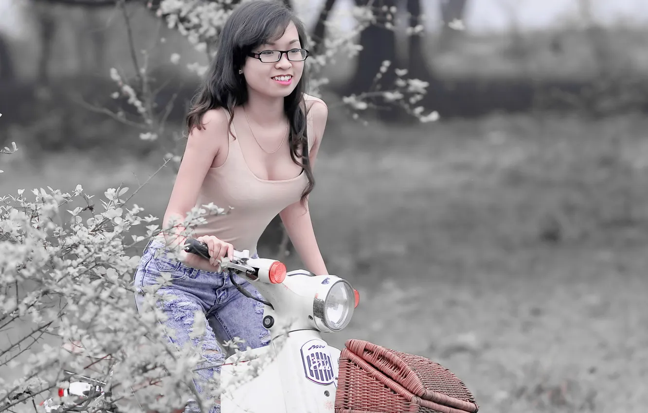 Photo wallpaper girl, Asian, a scooter
