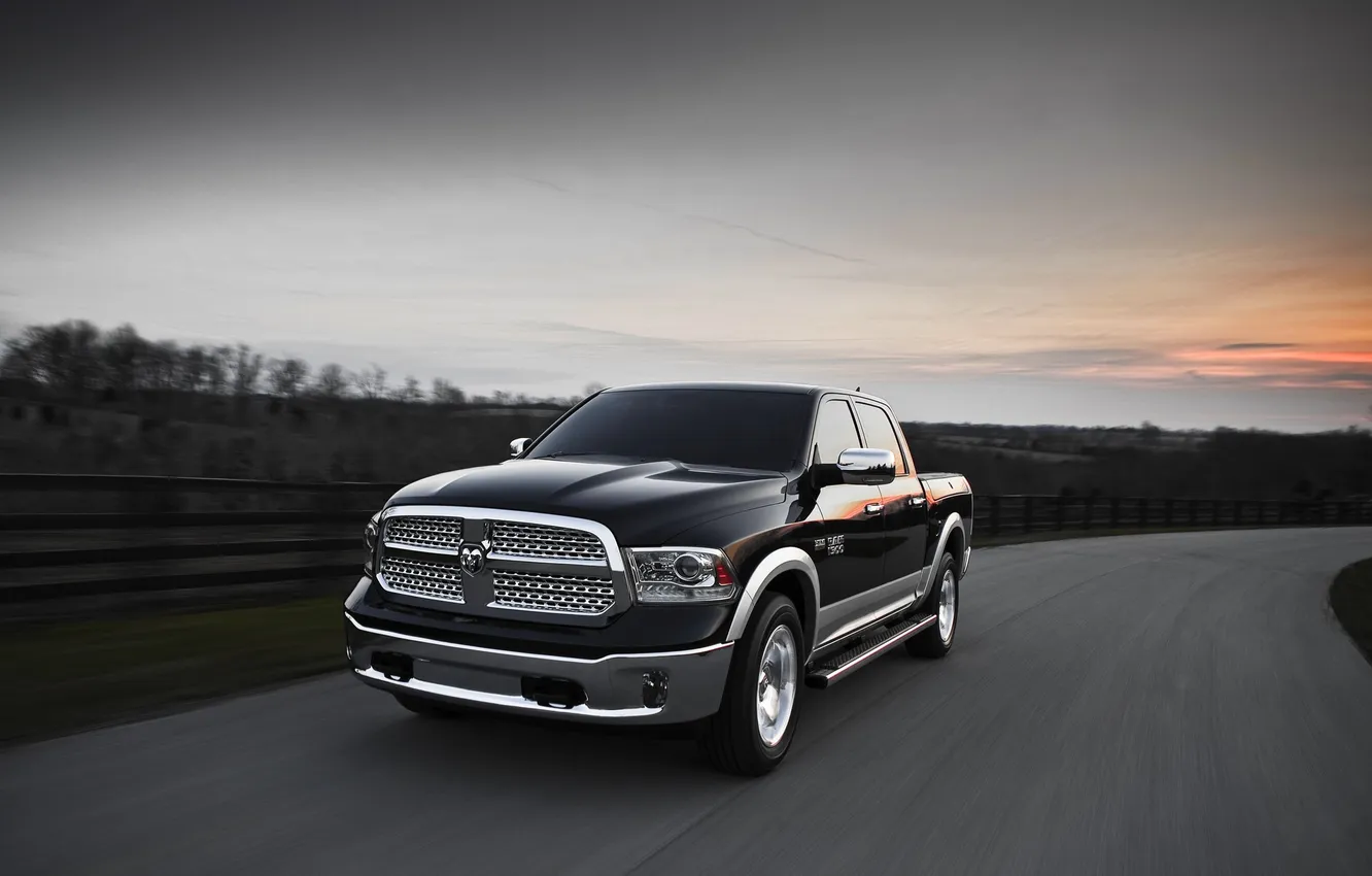 Photo wallpaper road, black, lights, the evening, grille, Dodge, pickup, the front