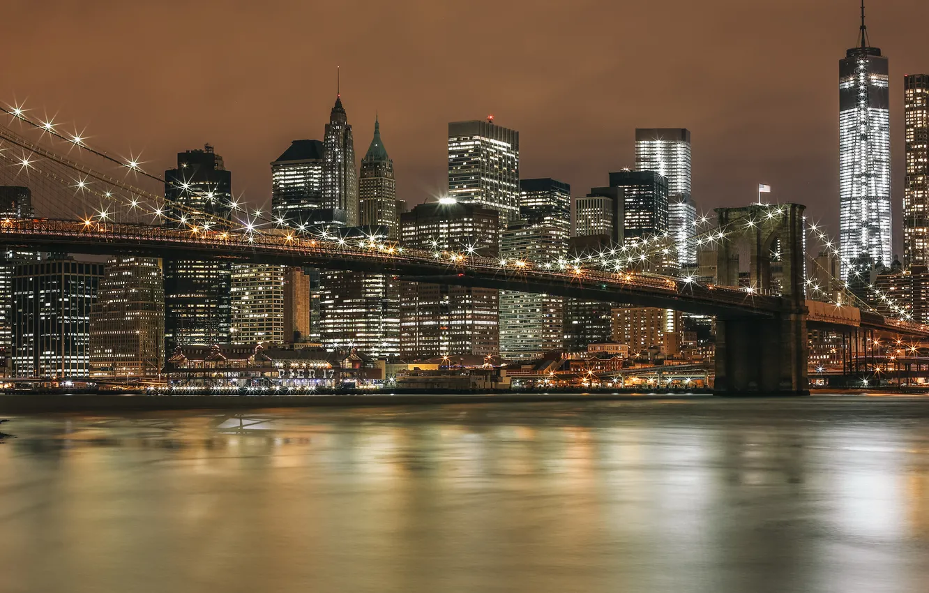 Photo wallpaper night, bridge, the city, lights, view, building, home, New York