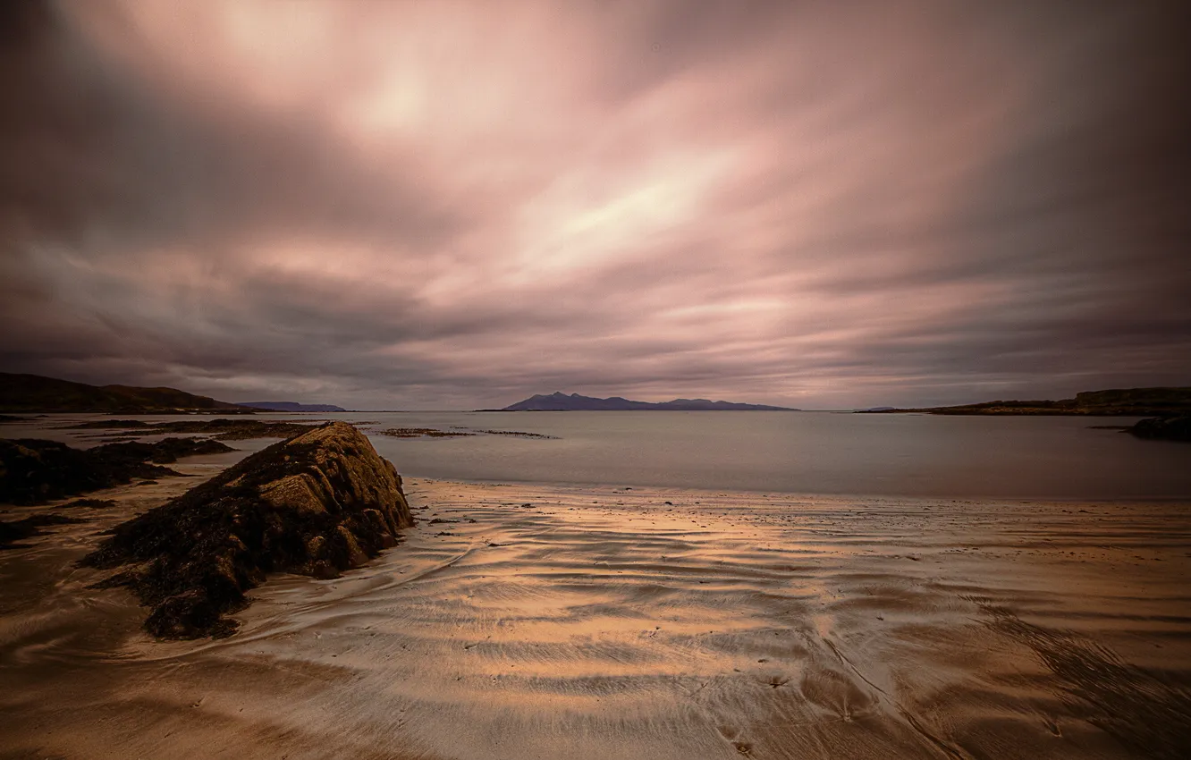Photo wallpaper beach, clouds, clouds, stones, Bay