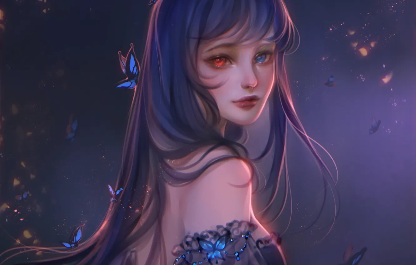 Photo wallpaper girl, butterfly, sparks, heterochromia, by Ladygelion