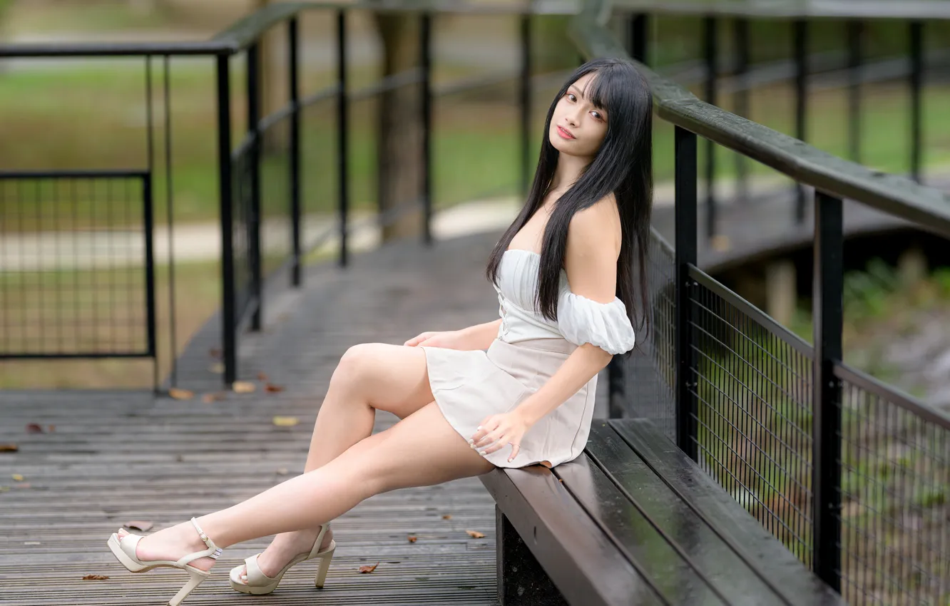 Photo wallpaper girl, Asian, bench