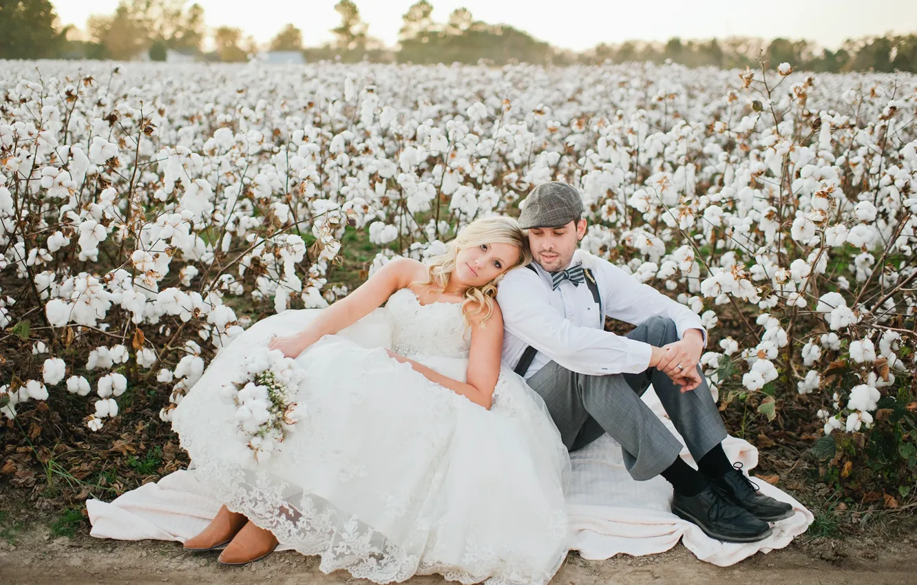 Photo wallpaper field, girl, dress, male, cotton, the bride, wedding