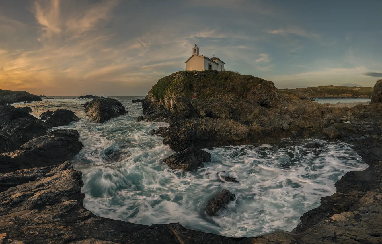 Photo wallpaper sea, wave, clouds, stones, rocks, shore, Church, house