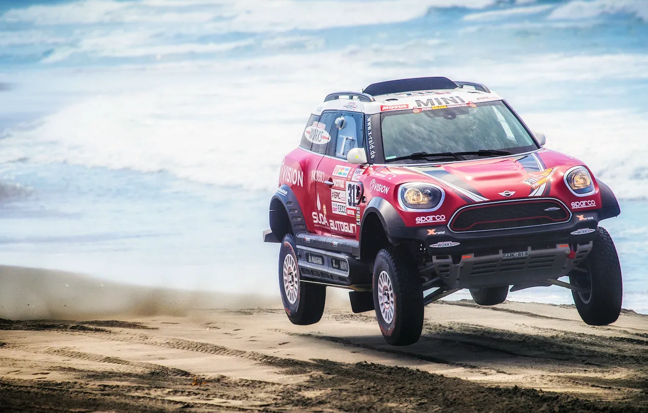 Photo wallpaper sand, sea, beach, red, race, sport, speed, Mini