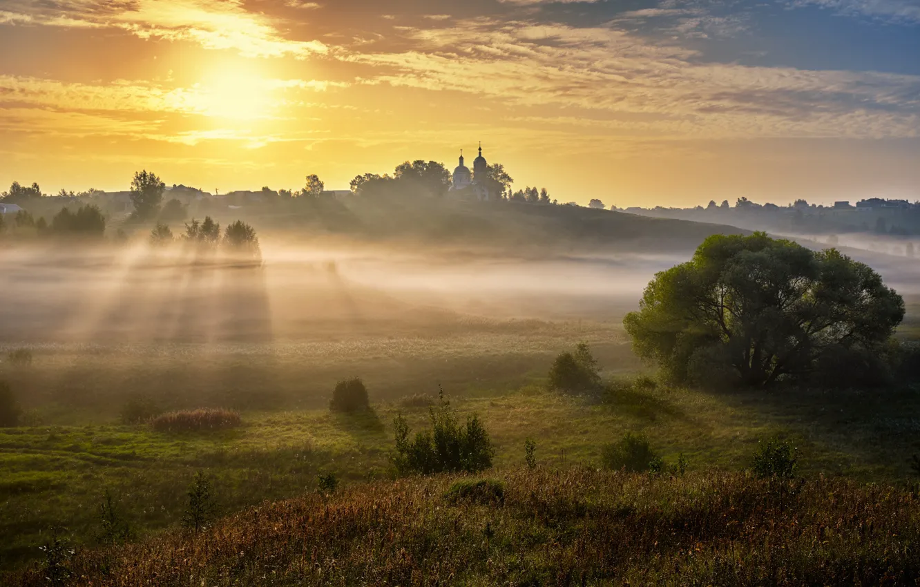 Photo wallpaper light, landscape, nature, fog, dawn, village, morning, meadow