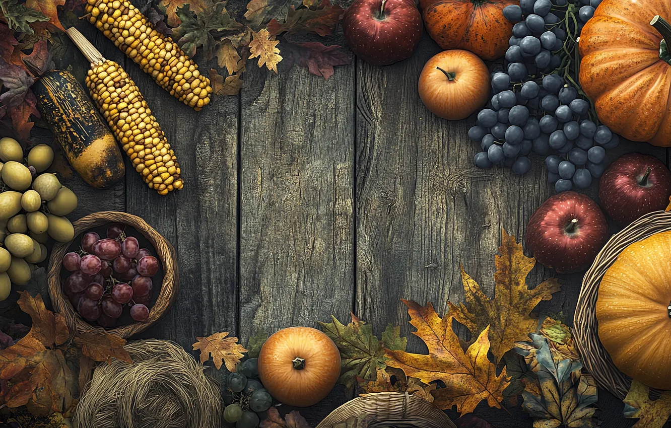 Photo wallpaper autumn, leaves, apples, Board, frame, corn, harvest, fruit