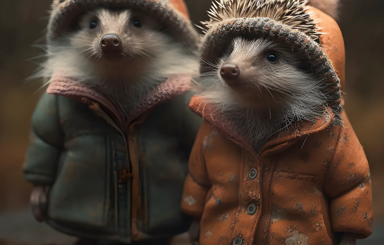 Photo wallpaper jacket, a couple, coat, hedgehog, digital art, Jerzy, hedgehog, two hedgehogs