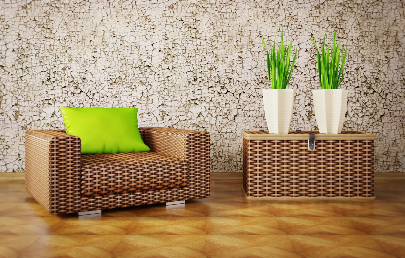 Photo wallpaper design, interior, plants, chair, pillow