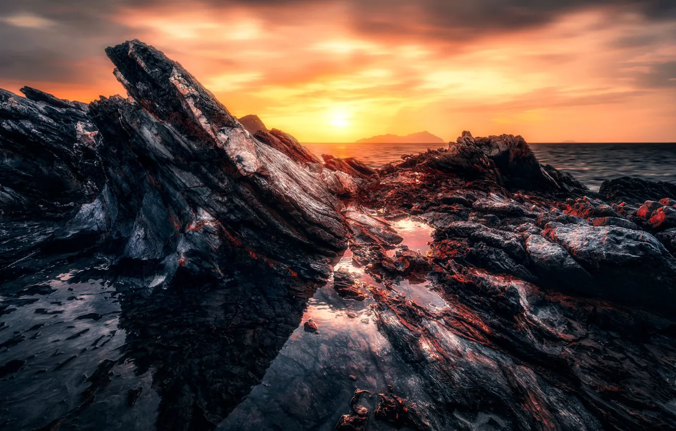 Photo wallpaper sea, the sun, sunset, stones, rocks, shore