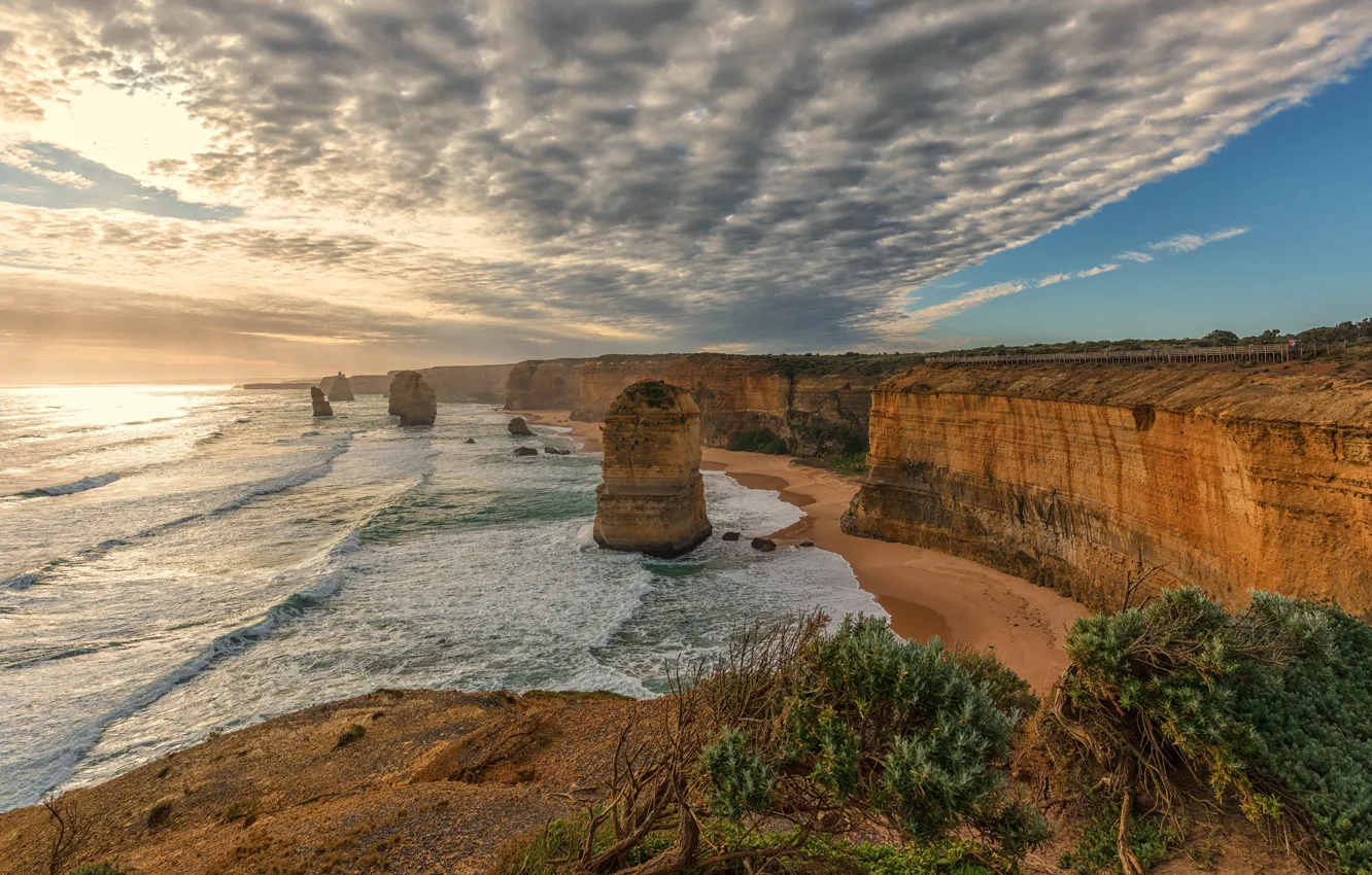 Photo wallpaper sand, sea, wave, beach, the sky, clouds, light, rocks