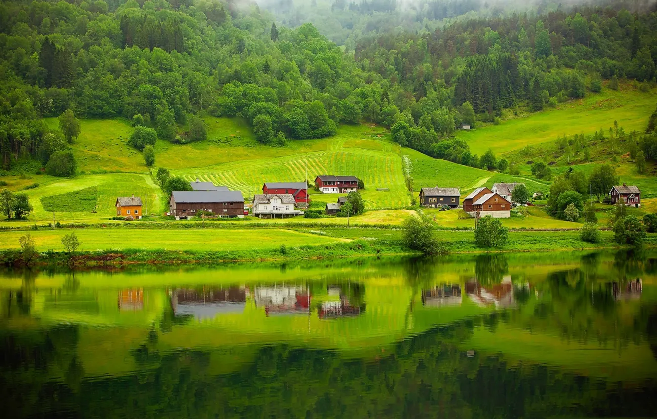 Photo wallpaper summer, trees, lake, home, slope, Norway