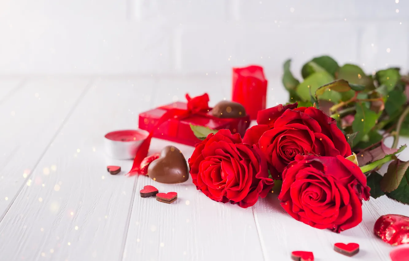 Photo wallpaper flowers, red, gift, roses, bouquet, hearts, red, love