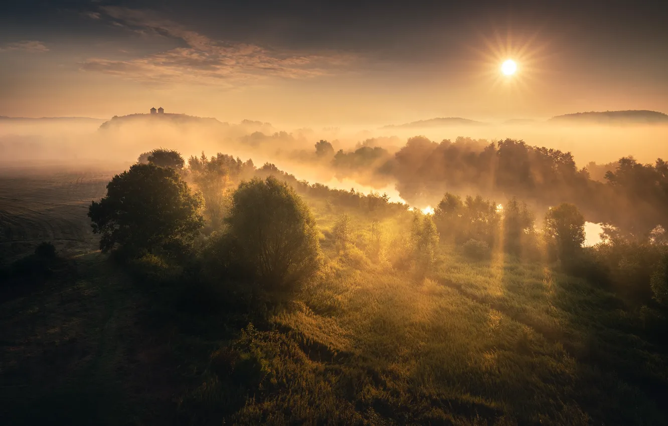 Photo wallpaper the sun, rays, fog, river, sunrise, river, rays, sun