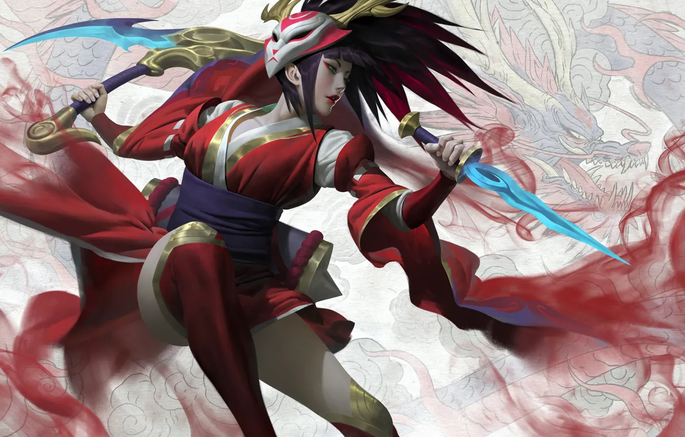 Photo wallpaper girl, weapons, jump, mask, blade, Akali, digital art, digital art