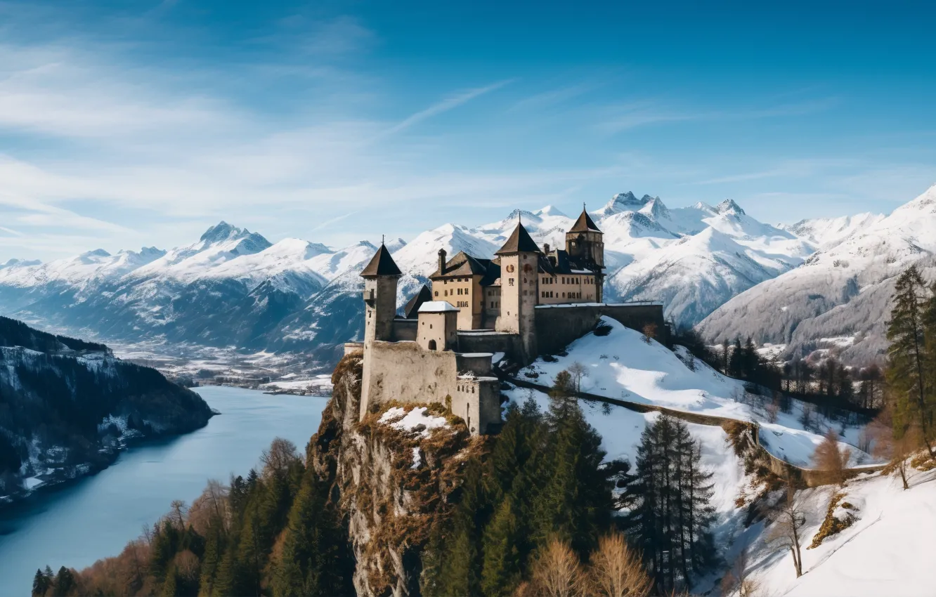 Photo wallpaper winter, snow, mountains, nature, lake, castle, old, landscape