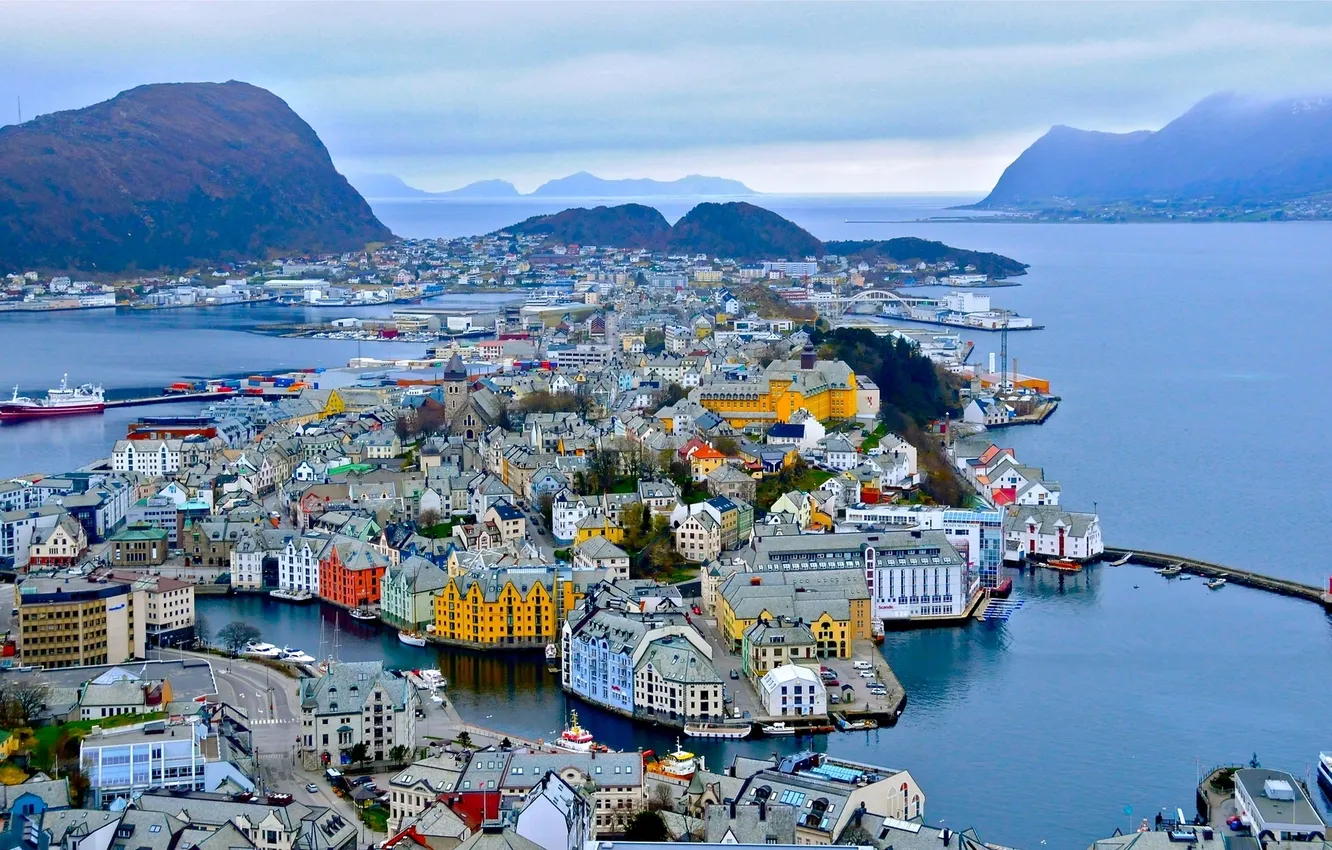 Photo wallpaper mountains, building, port, Norway, panorama, Norway, the fjord, Alesund