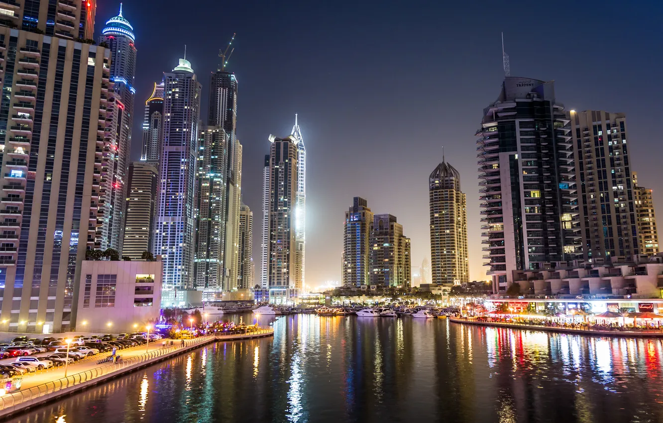 Photo wallpaper night, the city, river, photo, home, skyscrapers, Dubai, United Arab Emirates