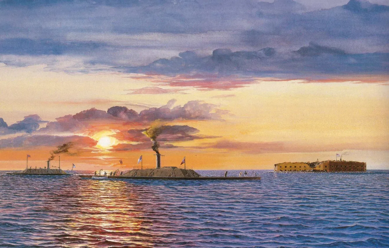 Photo wallpaper wave, the sky, the sun, clouds, river, ship, oil, Fort