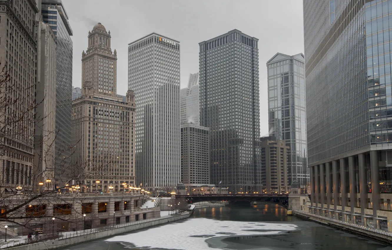 Photo wallpaper ice, winter, the city, river, skyscrapers, Chicago, Illinois