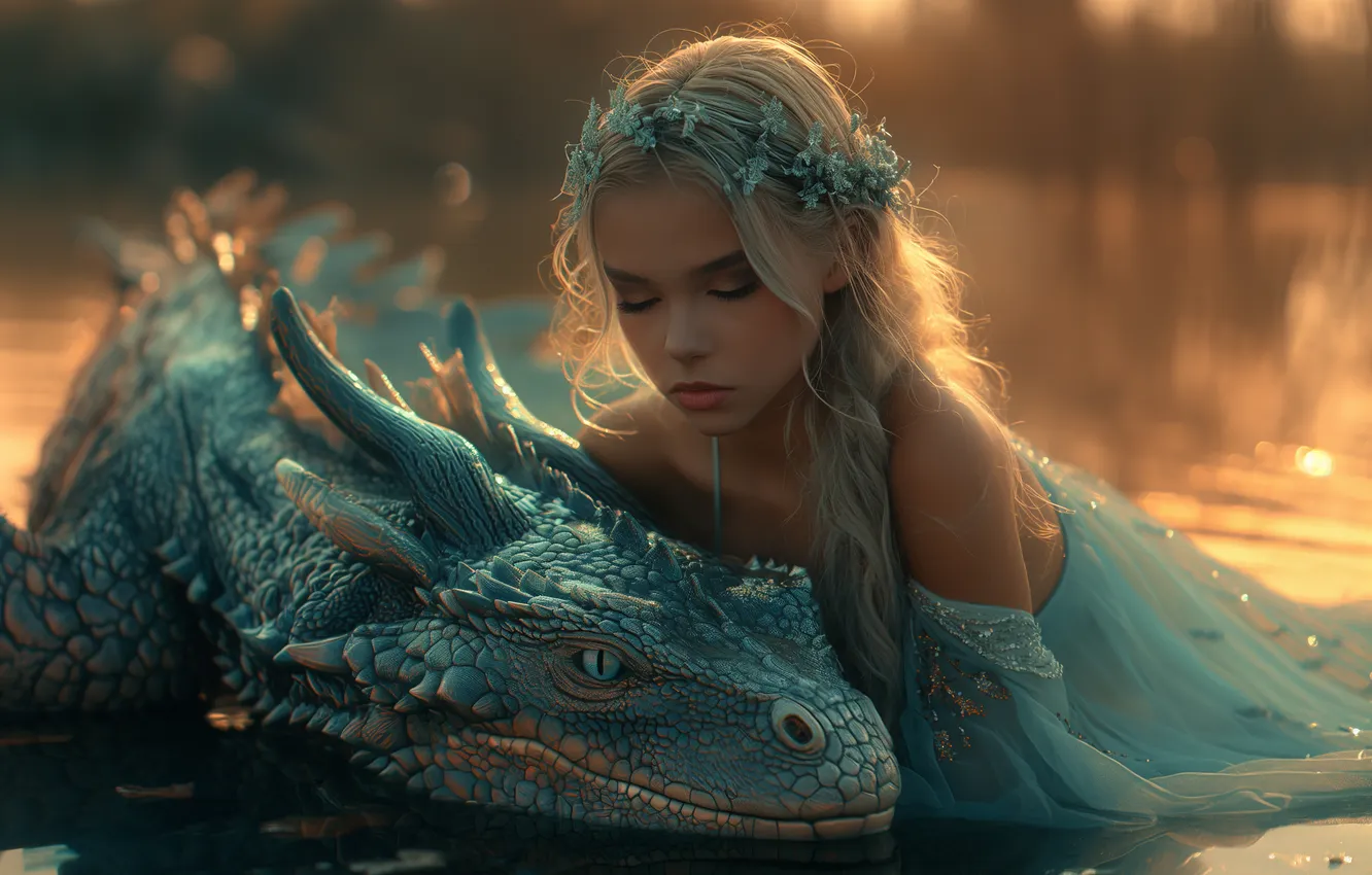 Photo wallpaper girl, light, dragon, fantasy, blonde, lies, shoulders, wreath
