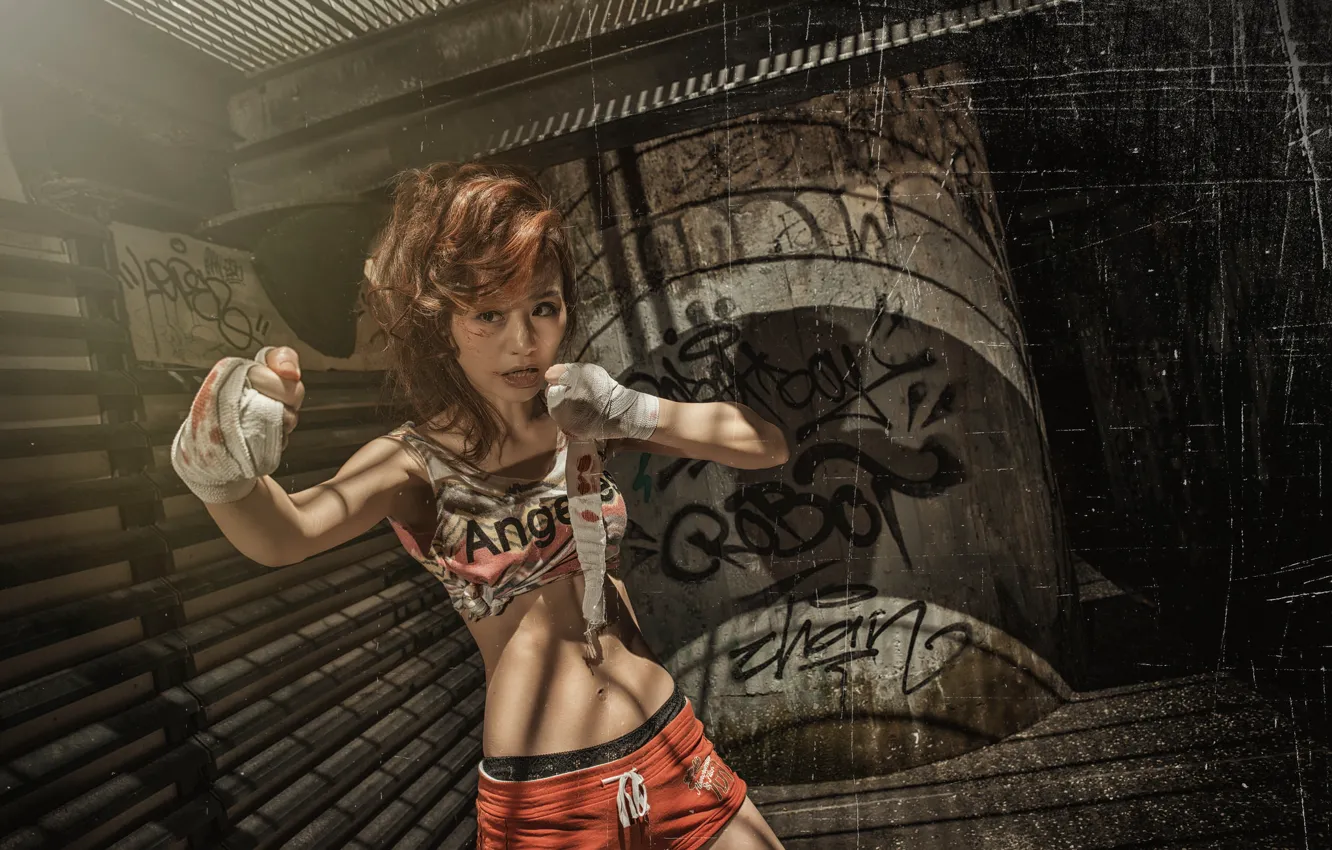 Photo wallpaper girl, face, pose, blood, figure, bandages