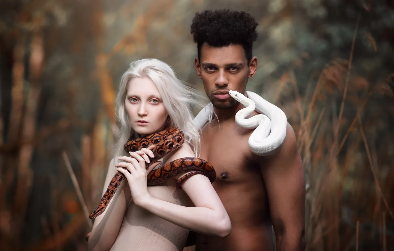 Photo wallpaper white, look, girl, nature, pose, style, snake, stem