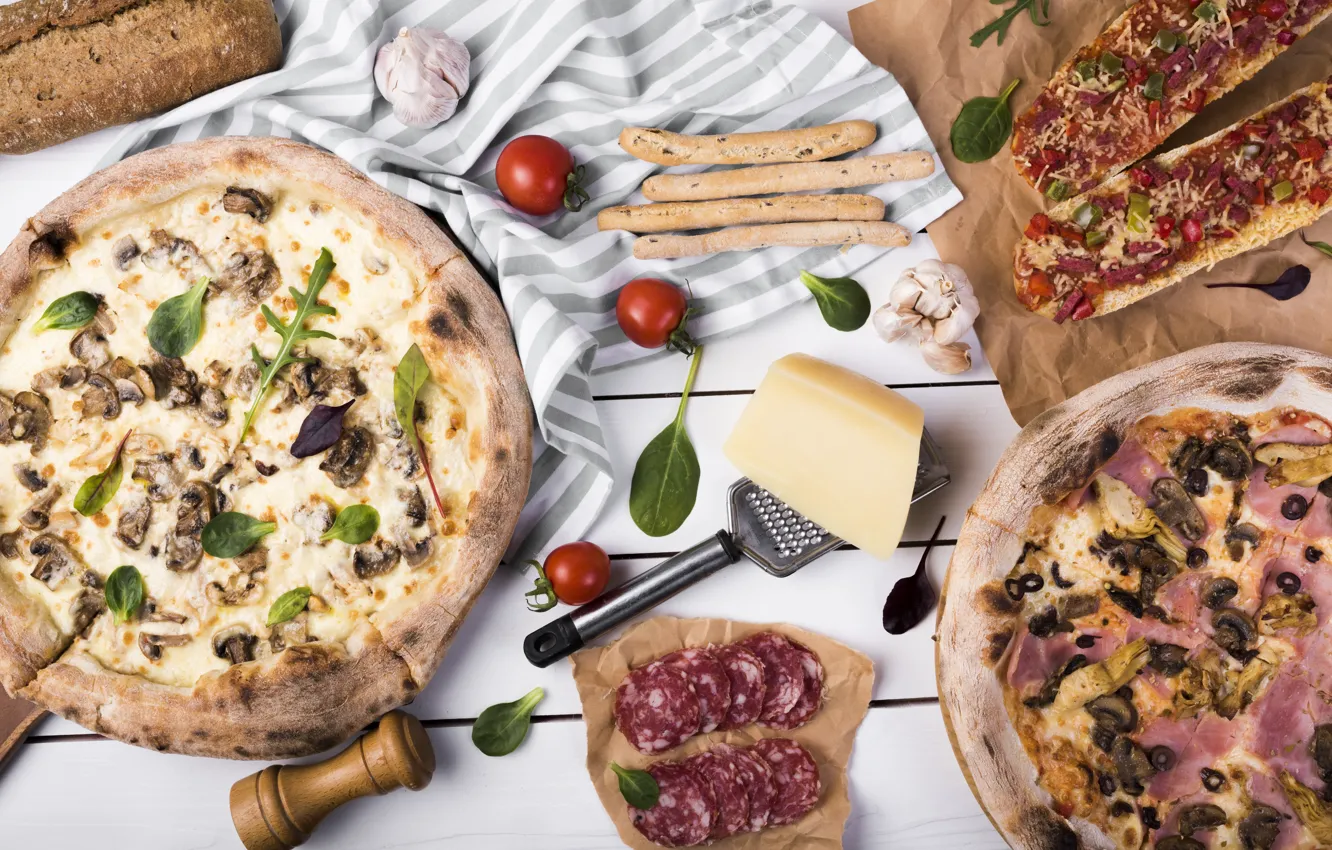 Photo wallpaper mushrooms, food, cheese, bread, pizza, tomatoes, cutting, garlic