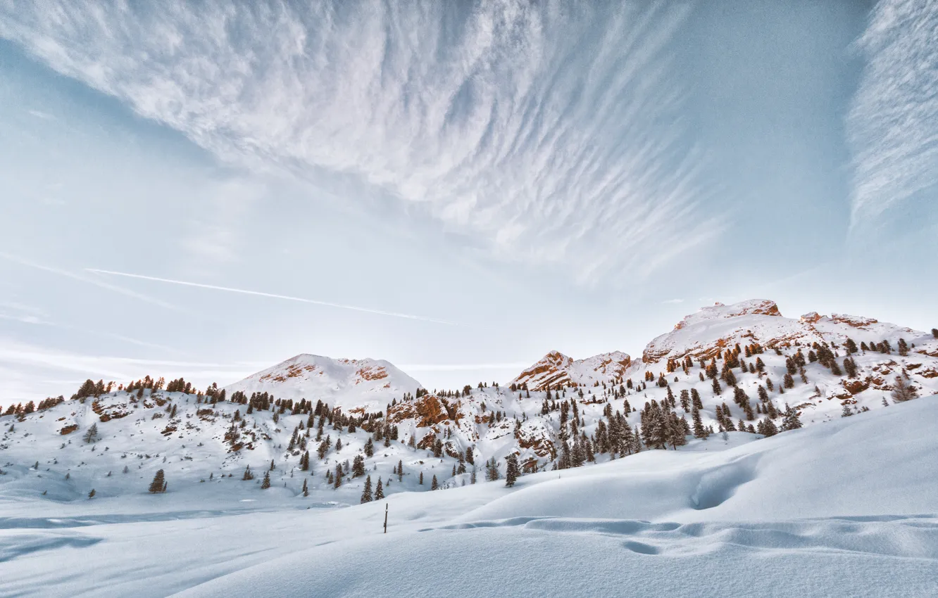 Photo wallpaper winter, the sky, the sun, light, snow, trees, mountains