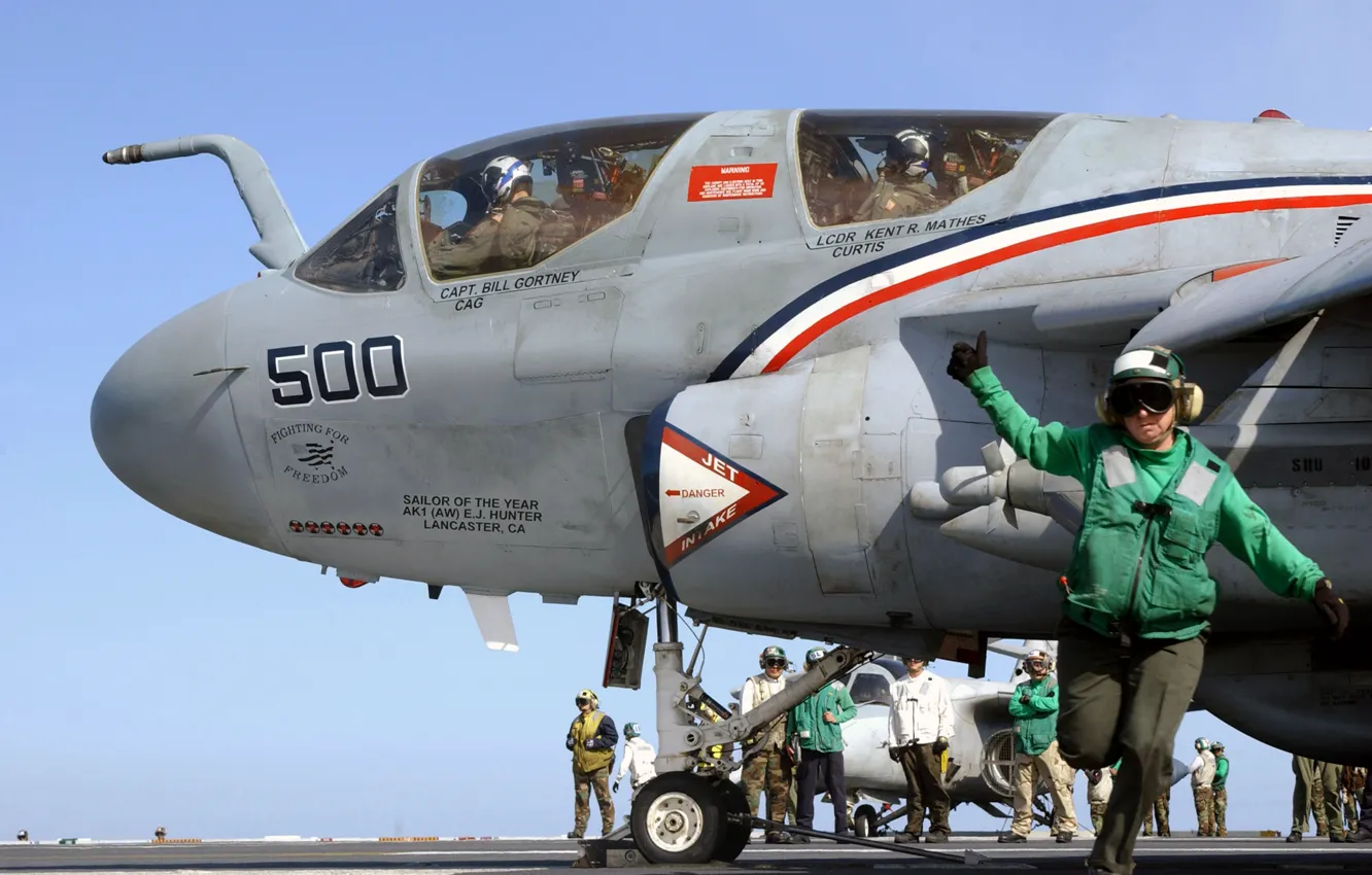 Photo wallpaper flight deck, cleared for takeoff, Grumman EA-6 Prowler, USS John C. Stennis (CVN 74)