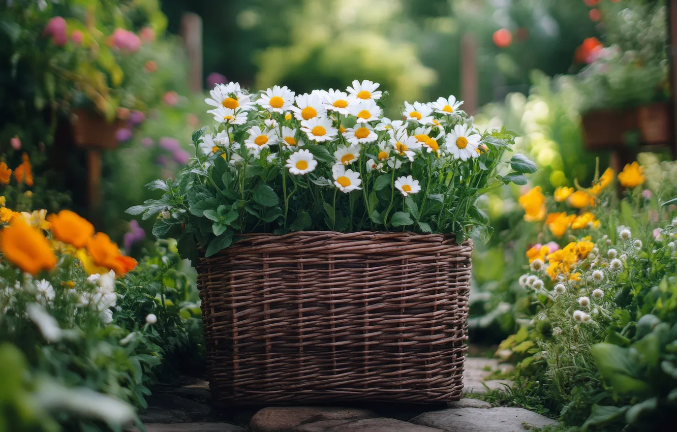 Photo wallpaper greens, summer, flowers, orange, yellow, comfort, stones, chamomile