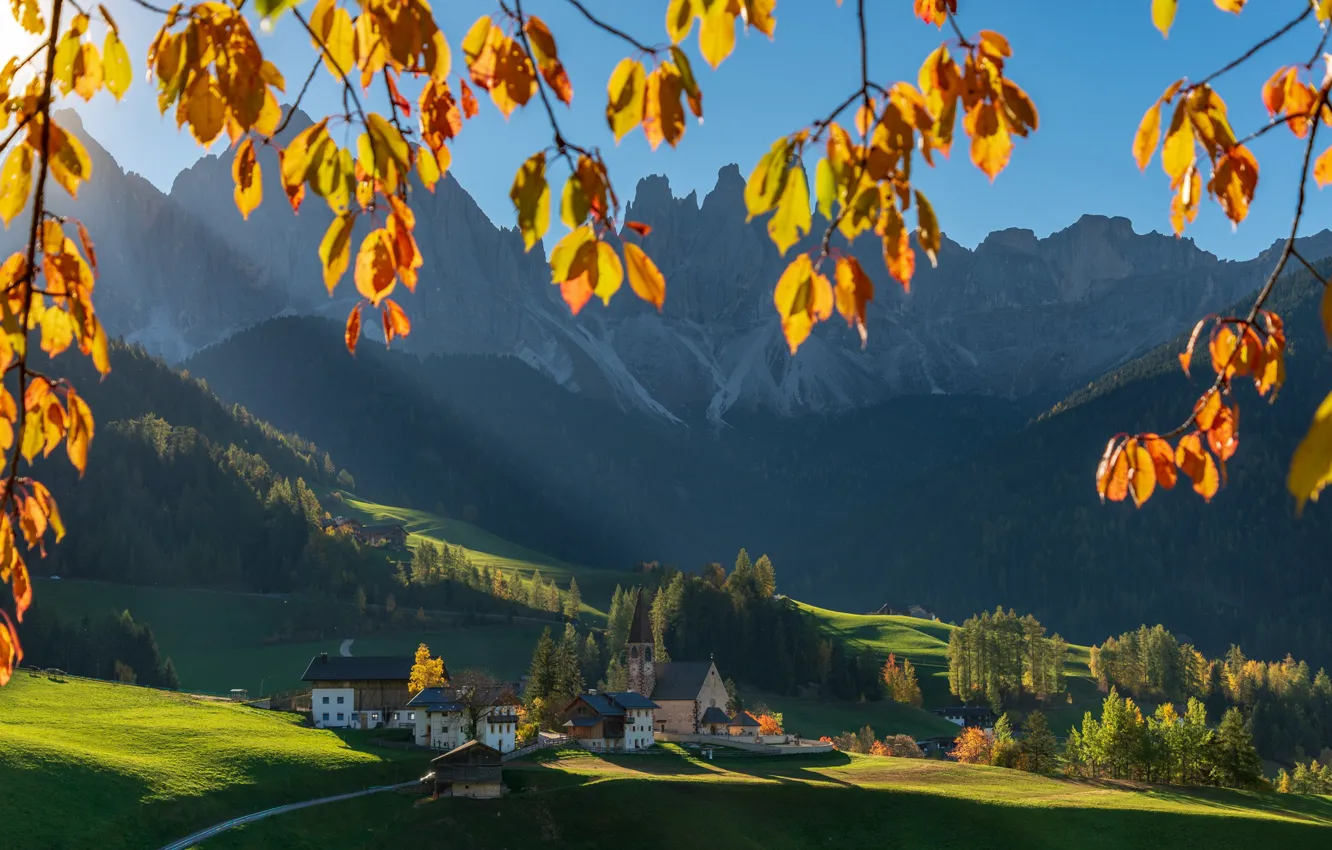 Photo wallpaper autumn, landscape, mountains, branches, nature, hills, the slopes, village