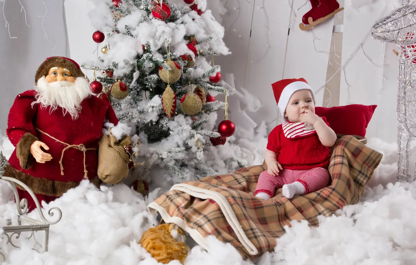 Photo wallpaper holiday, new year, baby, Santa Claus, dwarf